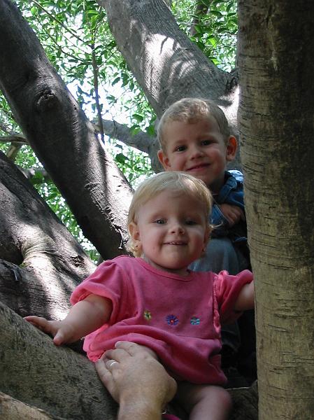 1-13.JPG - Kika with her older brother, Steve, "climbing" a tree at a nearby park.